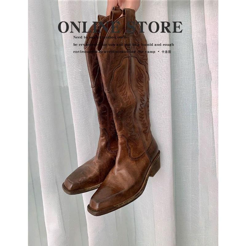 Вышитые ковбойские сапоги в стиле вестерн из коровьей кожи женские ретро-сапоги из старой кожи высокие рыцарские сапоги 39 темно-коричневого 6433₽
