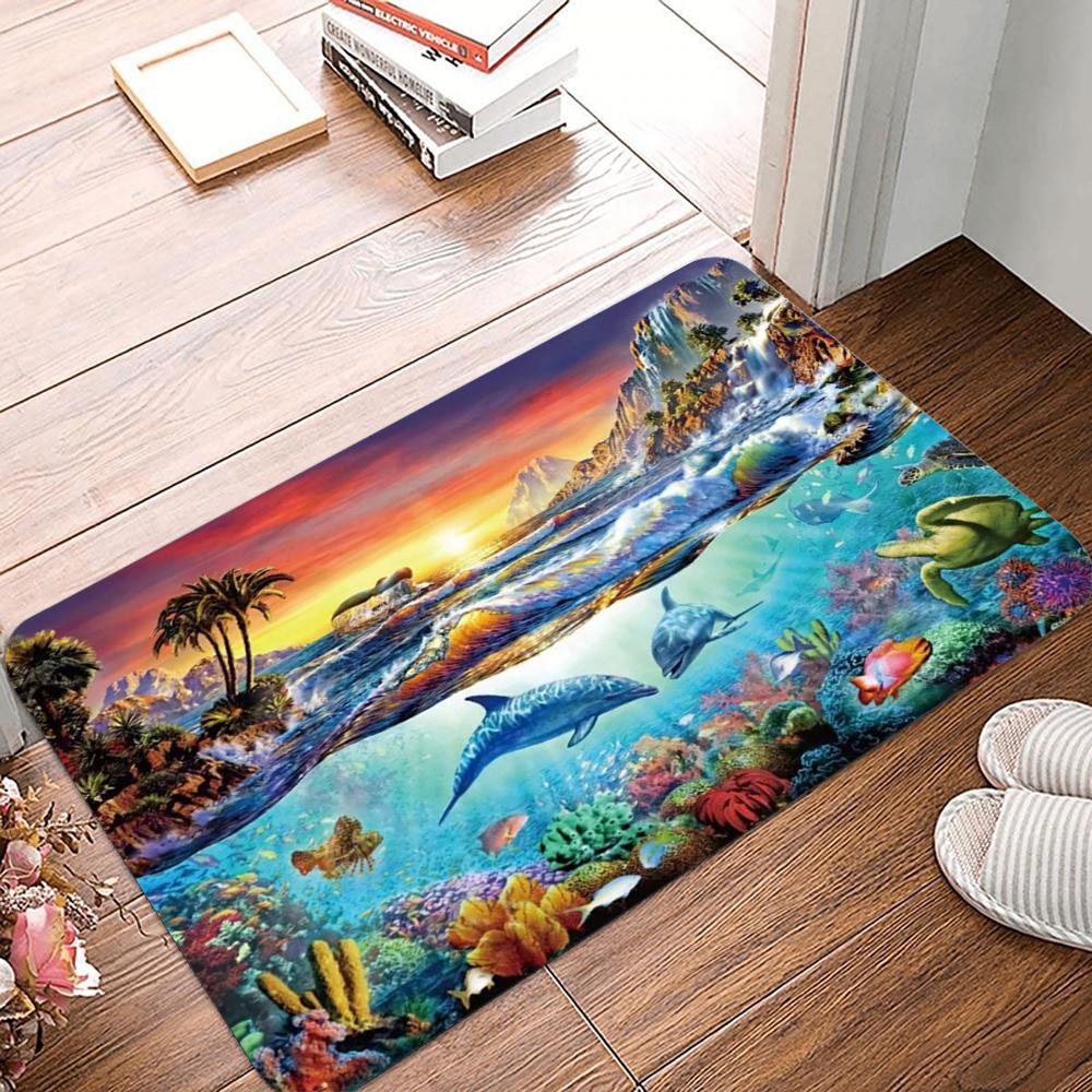 Underwater Canyon Door Mat Dolphins Tropical Fish Non-slip Entrance Rug for Home Decor Living Room Bedroom Lively Decoration
