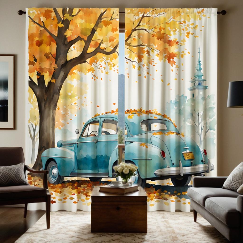 2 Pieces of HD Autumn Leaves Under the Blue Classic Car Curtain Yellow Digital Printed Curtain Home Decoration Style Decoration