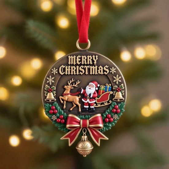 Christmas Ornaments Double-Sided Acrylic Santa Claus Bell Hanging Decor for Tree Home Store Festive Holiday Party Decoration