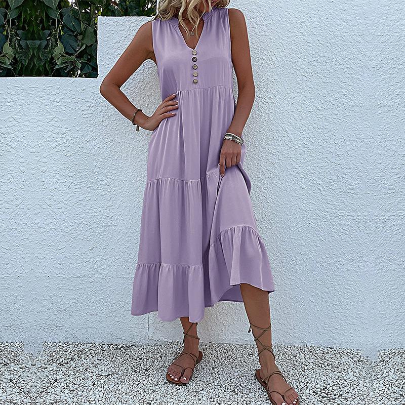 Letní dámské tílko šaty Skládané šaty bez rukávů Volné midi šaty s výstřihem do V