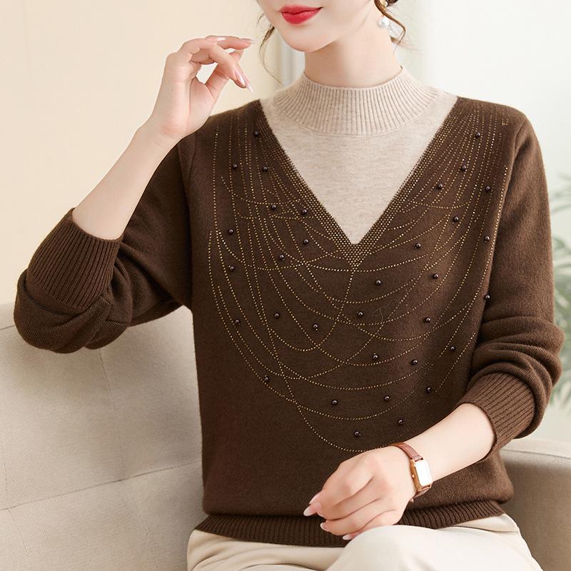 Mid to Elderly Women s Autumn/Winter Knitted Sweater: Half-High Collar, Two-Piece, Velvet-Integrated, Versatile, Warm, Plus Velvet Top 5XL (140-155 jin)