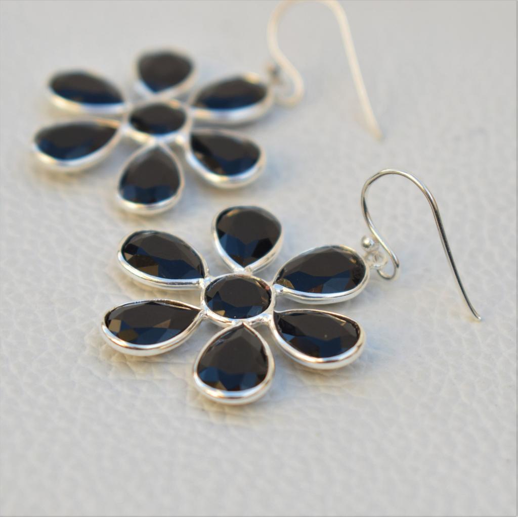 Faceted Black Onyx Earrings, Flower Design Earring, 925 Sterling Silver Handmade Earring, Gift for Her, December Birthstone