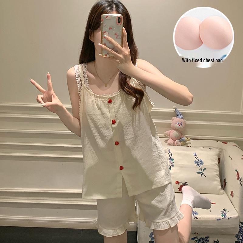2026 Summer Women's Pajama Set: Built-in Bra Cloud Cotton Camisole with Round Neck, Princess Style