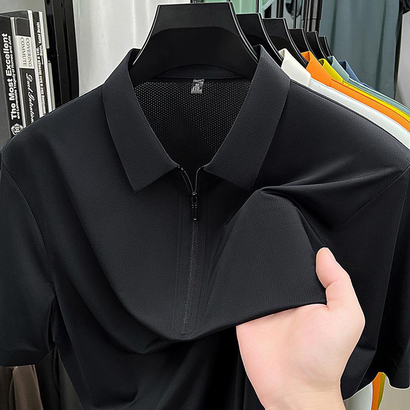 

2026 Men s Quick-Dry Breathable Polo Shirt with Zipper Collar - Solid Color, Short Sleeve, Loose Fit 4XL чёрный