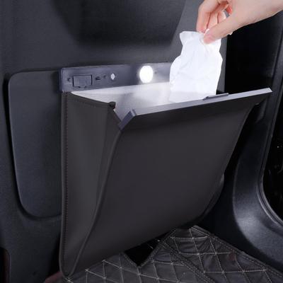 GOENDR Car Trash LED Car Storage Convenient PU Leather Can, Magnetic, Sensor-Equipped Light, Hook-Mounted, One-Touch Installation, Case, (Black)