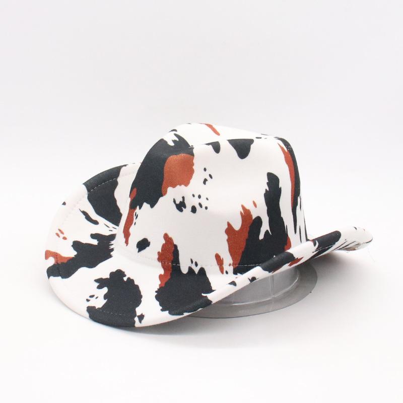 Western Cowboy Hat Jazz Style Retro Cow Pattern Printed Upturned Brim Hat Sunshade Sunscreen Mountaineering Hat