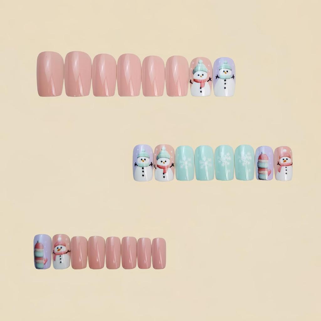 Christmas Cute Press On Nails Square Fake Nails Winter False Nails with Snowman Snowflake Designs Medium Glue On Nail Gloss Xmas Reusable Acrylic