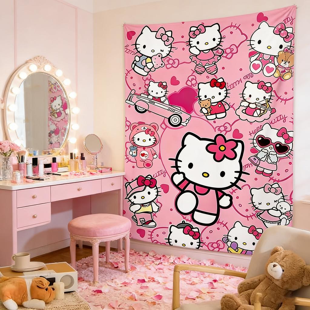 Sanrio Hello Kitty Pink Tapestry MultiStyle Cartoon Printed Wall Decor Cute Bedroom Home Decor Hello Kitty Fan Gift Flat Print