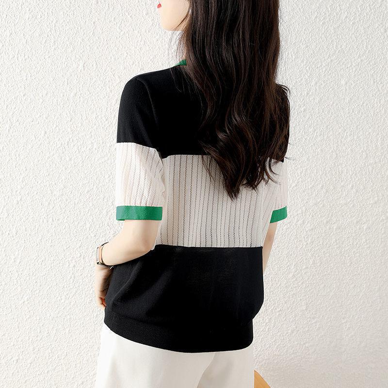 Summer V-neck Striped Patchwork Knitted Top Women Short Sleeve Loose Casual All-match Tee Ladies Buttons Pullovers T-shirt Femme