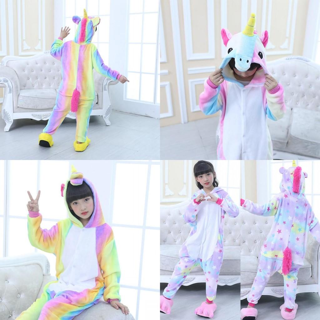 Fluffy Flannel Unicorn Hooded Pajamas Jumpsuit For Kids Winter