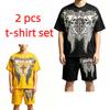 Summer Fashion Casual Retro Skull Angel Wing Printed Round Neck Short Sleeved T-Shirt And Shorts Set Men's and Women's T-shirt Shorts Set
