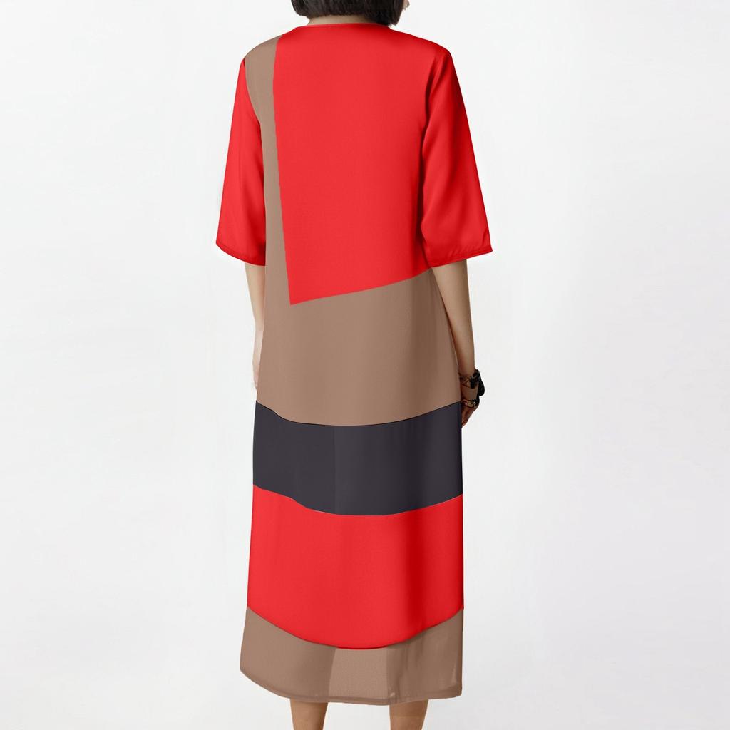 Women's Fashionable V-neck Short Sleeved Button Casual Printed Long Dress