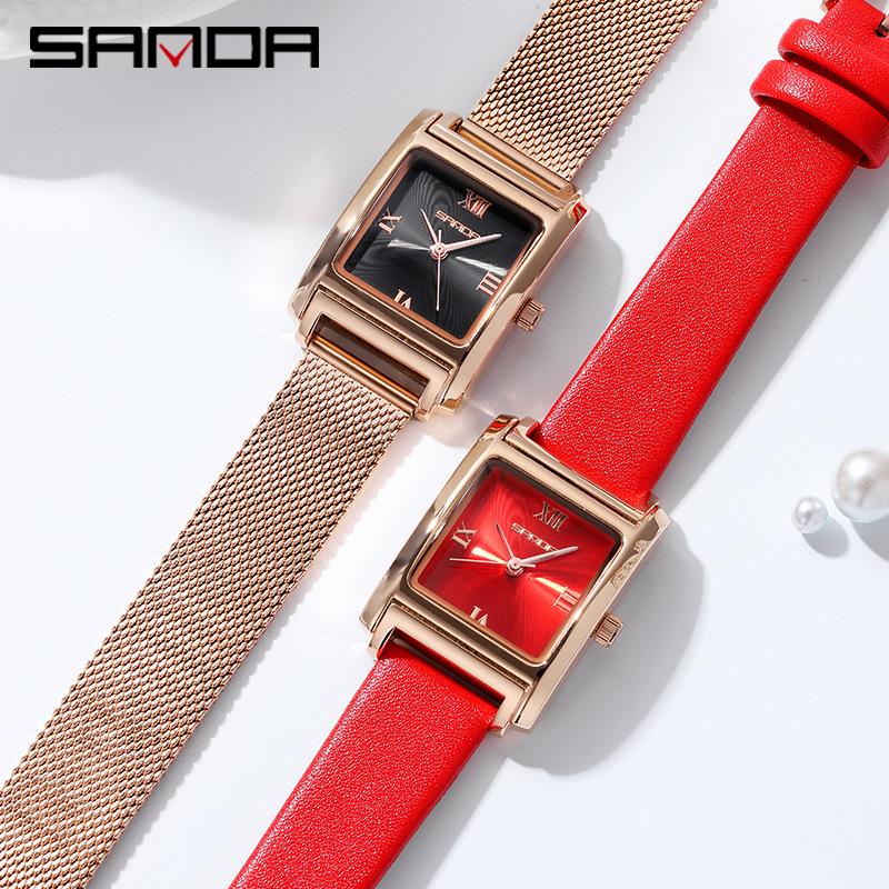 Sanda Women's Retro Leather & Mesh Strap Casual Wristwatch