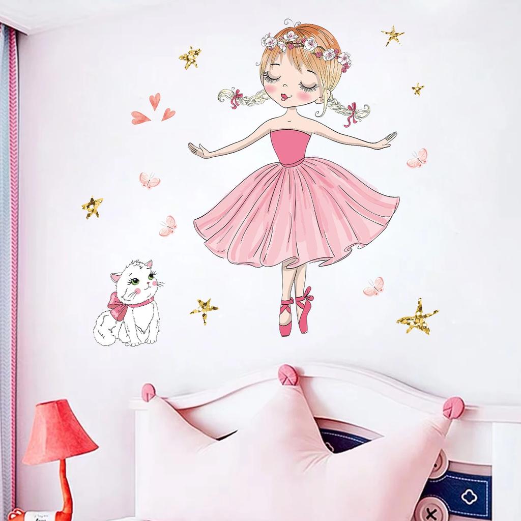 1Pc Cartoon Cute Cat Girls Furniture Wall Stickers Kids Room Decor Wall Decals Home Decoration Children's Room Living Room