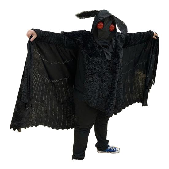 

Костюм косплея Человека-мотылька Хэллоуинский плащ с капюшоном для мужчин женщин взрослых черный комбинезон с крыльями наряд для Хэллоуина Рождественских вечеринок чёрный