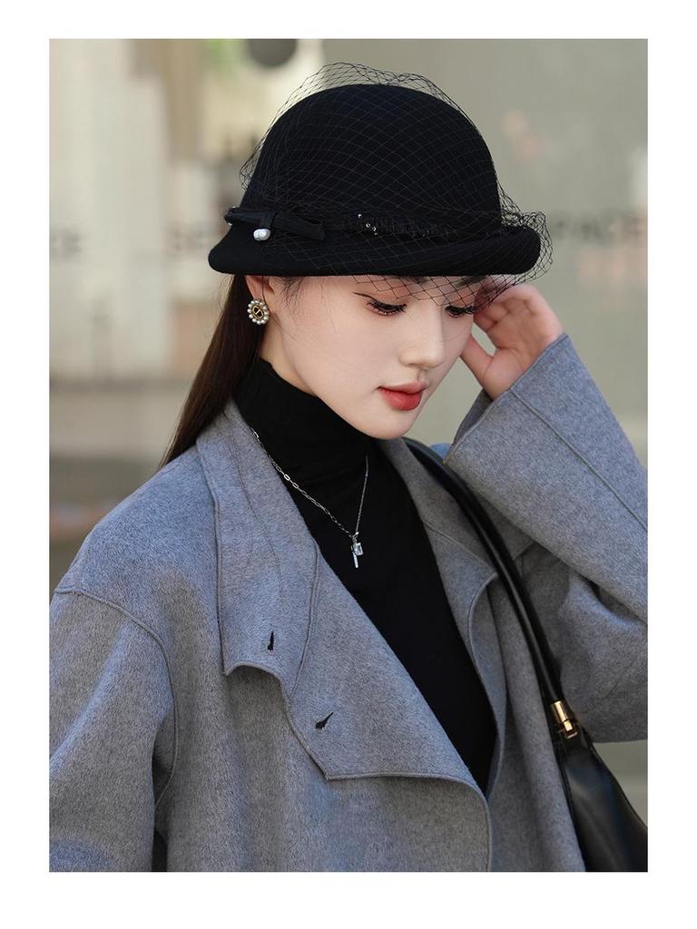 Women's Versatile Retro Elegant Dome Wool Felt Beret with Mesh Decoration - 2024 Autumn/Winter Collection