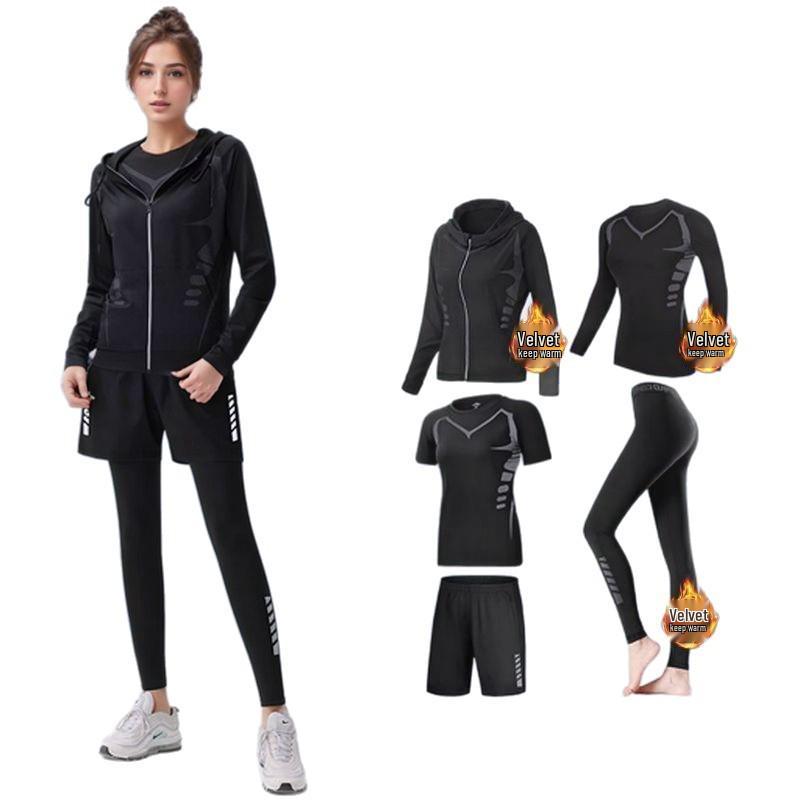 Women's Quick-Dry Fitness Wear Set: 5-Piece for Running, Basketball, Badminton, Morning Runs, Yoga – Autumn/Winter Collection.