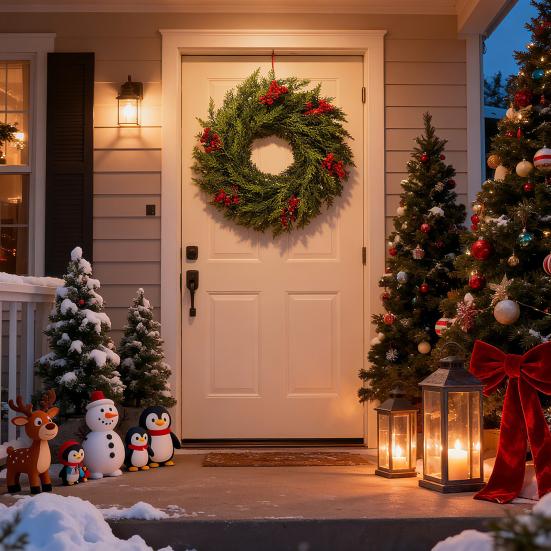 24 Inch Christmas Norfolk Pine Wreath for Front Door Artificial Greenery Cedar Wreath with Red Berry for Farmhouse Indoor Outdoor