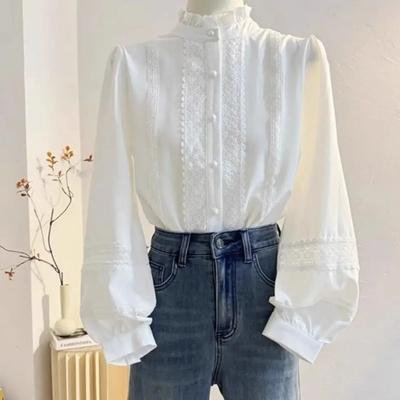 Bluse Donna Moda Collo Staccato Volant Manica Lunga Camicetta Abbigliamento Donna Bianco Moda Manica Dolci Camicie