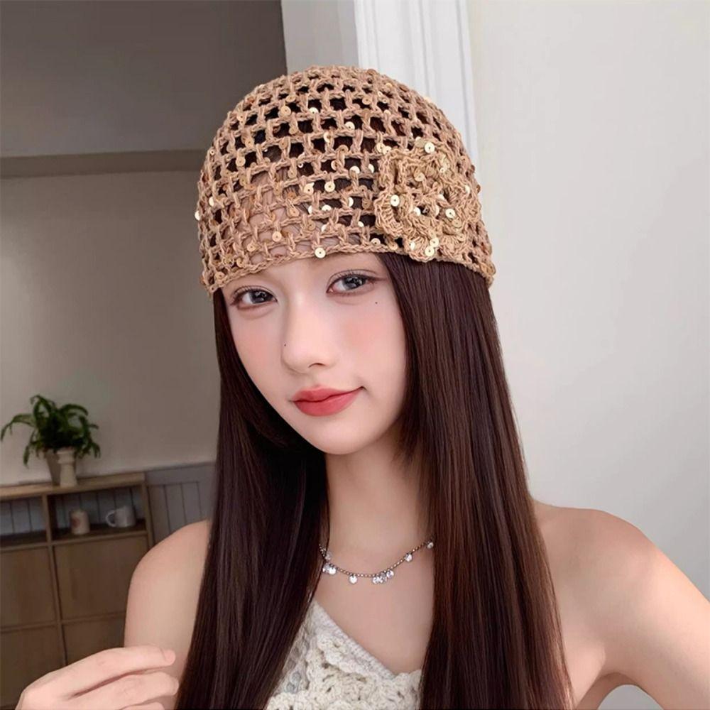Flower Hollowed Out Knitted Hat Thin Weave Cap Retro Woven Pullover Cap Spring Summer