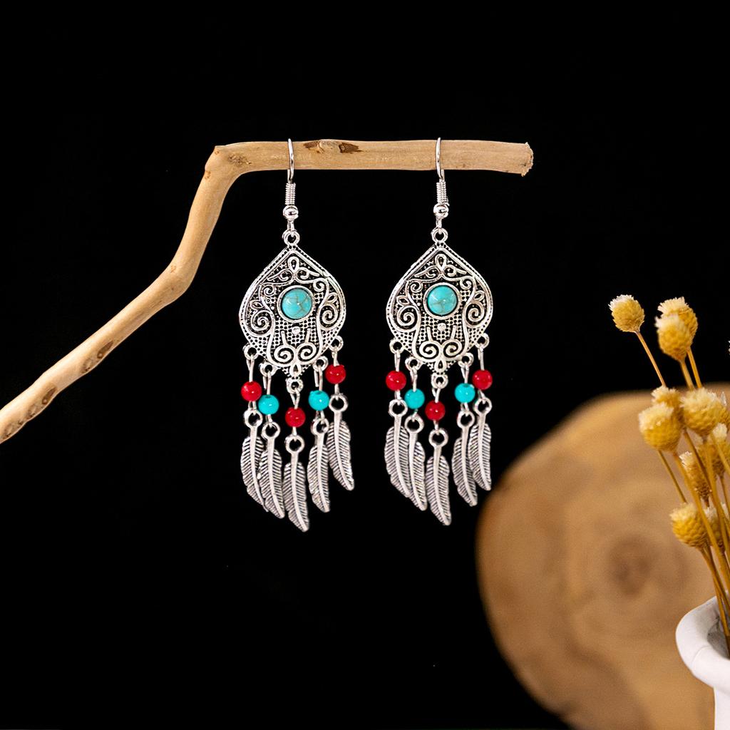 Bohemian Fringed Turquoise Earrings, Retro Minority Style Earrings, Personalized Temperament Earrings.