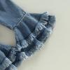 Kids Girls Pants Suit, Long Sleeve Round Neck Lace Romper Tops + Casual Denim Bell-Bottoms + Headband