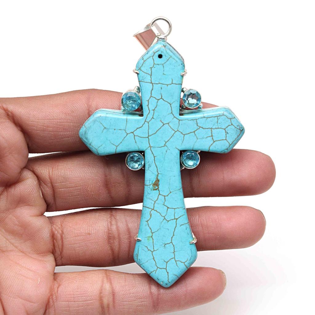 Pendant Tibetan Turquoise CrosGemstone Women'Unisex Silver Jewelry 3.75"