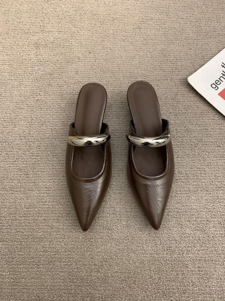 pointed toe bag head half slippers women's spring and autumn new small slope heel single shoes one pedal low heel flat shoes cool slippers