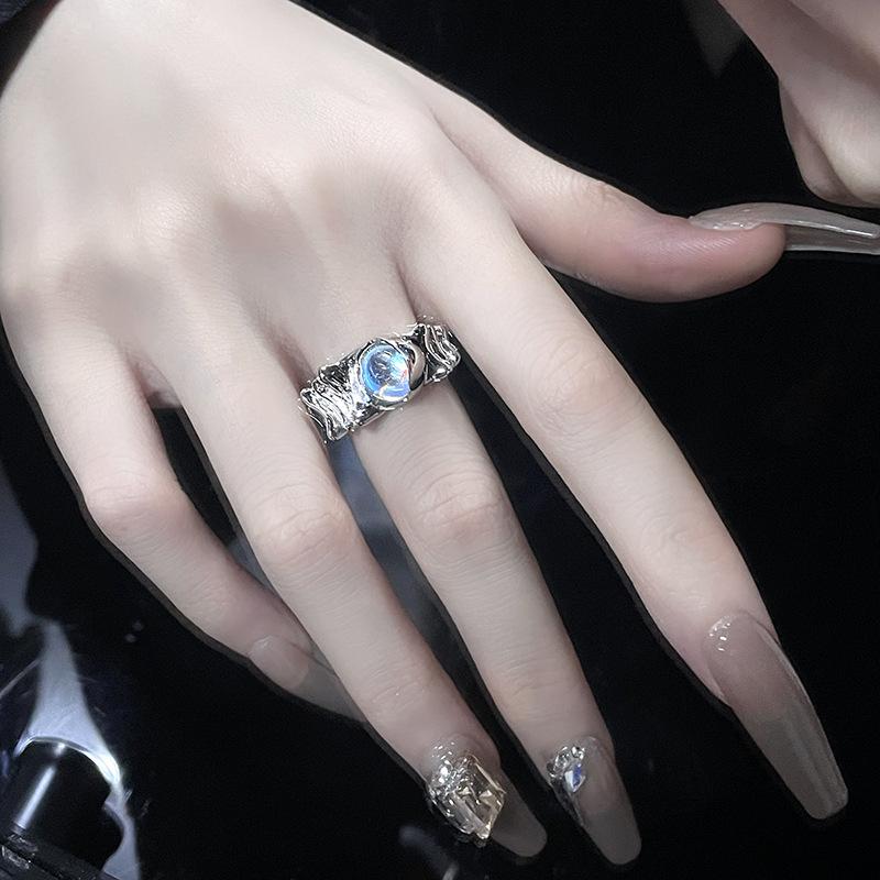 Moonstone Love Heart Irregular French Liquid High Sense Open Ring Female Personality Gemstone Texture Ring