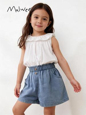 Malwee Girls' Summer Elastic Waist Casual Jeans for Toddlers and Children