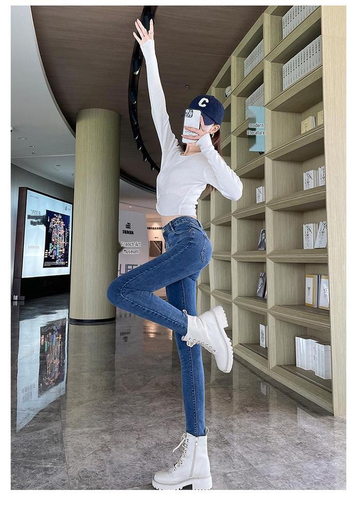 Women's High-Waist Skinny Denim Jeans - Dark Blue, Elastic, Plus Velvet, Spring 2024 Fashion.
