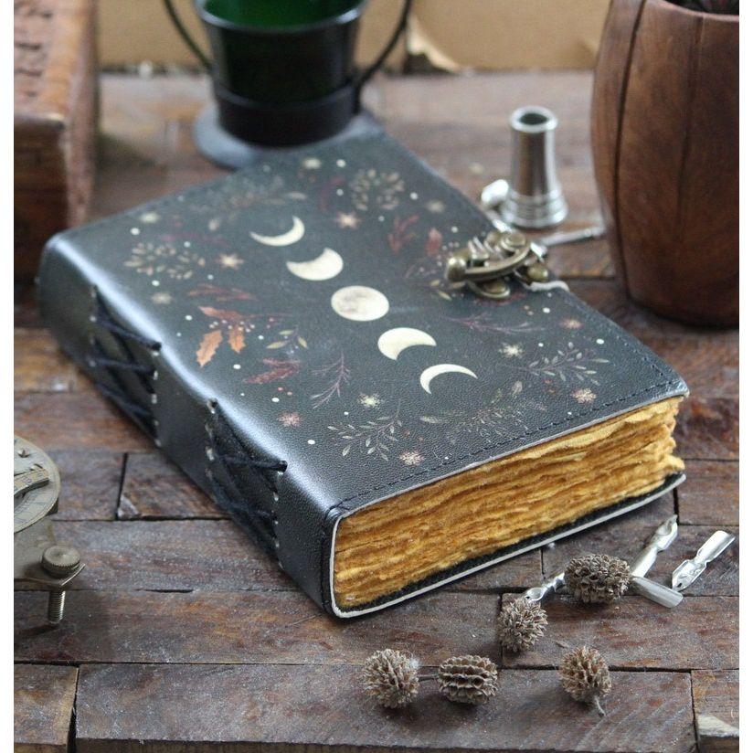 Leather journal Blank spell book of shadhows Moon Phase Journal With 200 Handmade Vintage Deckle Edge paper Grimoire journal gifts for men