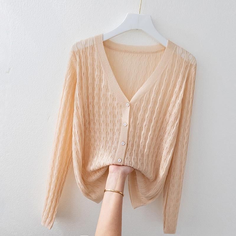 Cardigan tricotat din mătase de gheață exterioară cu decolteu în V Cămașă cu protecție solară largi, mărime mare, cu tăietură subțire Top cu șal gol