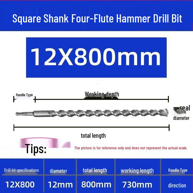 Extended Electric Hammer Drill Bit, Square & Round Shank, for Concrete Piercing - Available in 500mm to 2m Lengths