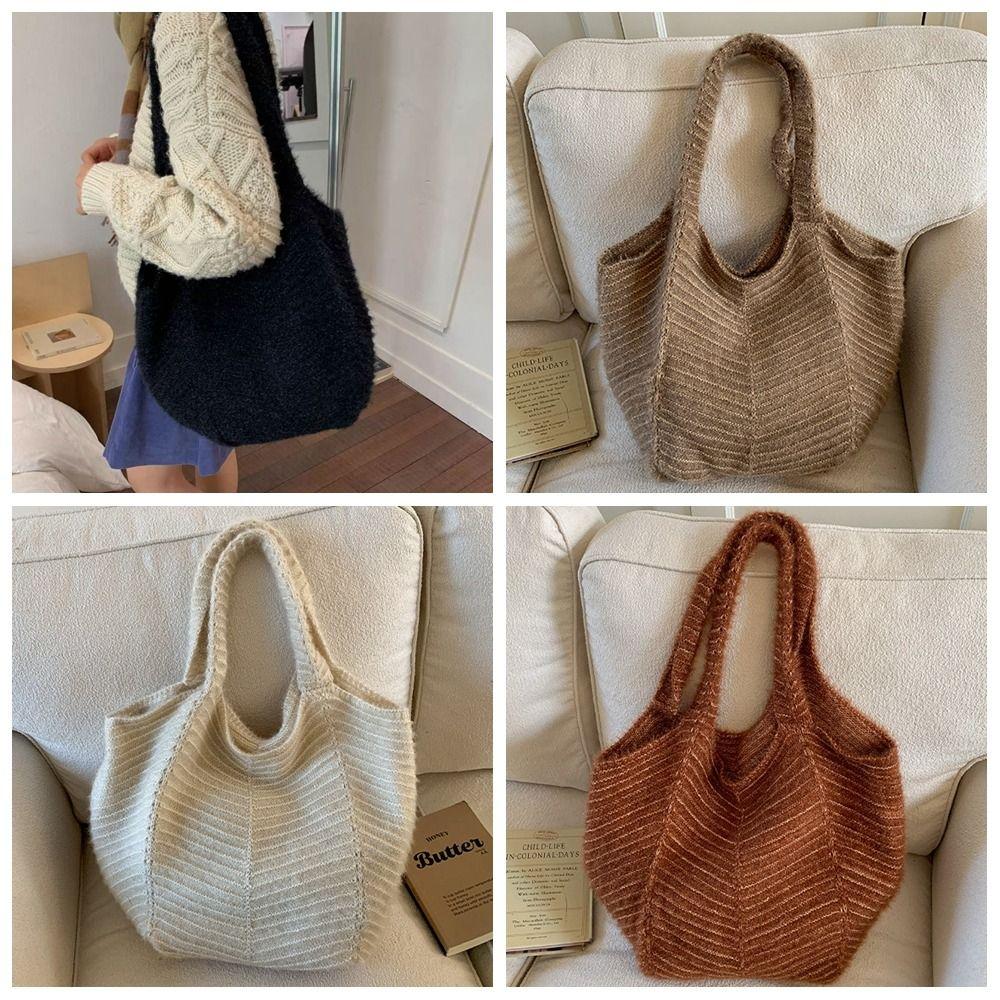 Fashion Korean Style Knitted Shoulder Bag Casual Vintage Woven Tote Bag Leisure Handbag Winter Underarm Bag Autumn