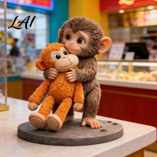 Detailed Carving Figurine 3D Printed Monkey Cute Small Holding Plush Toy Hand-painted
