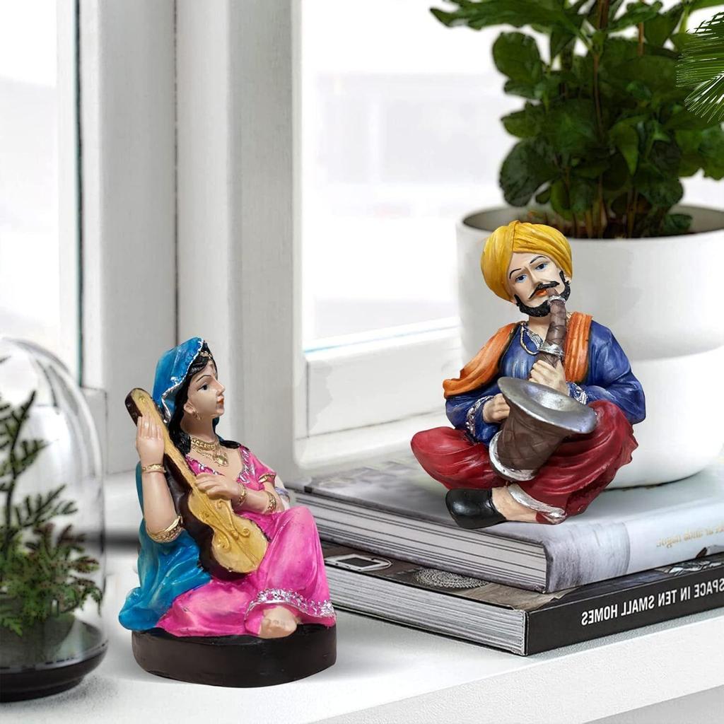 Rajasthanisches traditionelles Musikpaar Harz-Schauobjekt für Heimdekoration (2er-Pack, Mehrfarbig)