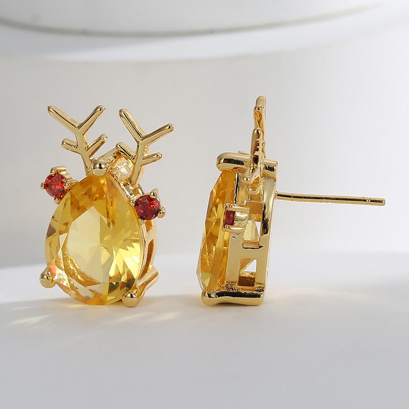 E0532 Christmas Reindeer Zircon Stud Earrings, Women's Gold-Plated Copper, European and American Festive Style.