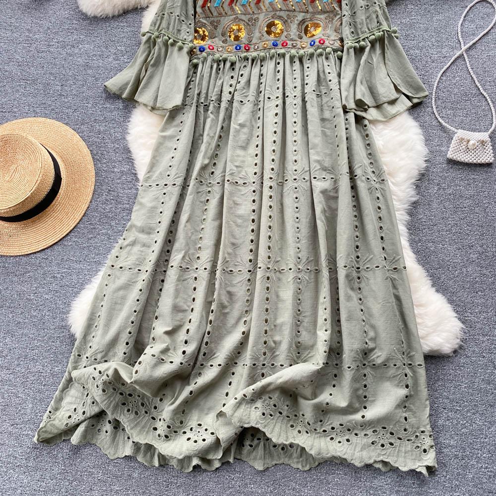 RUGOD French Retro Ethnic Embroidered Round Neck Flared Sleeve Dress Women's Loose Temperament All-match A-line Long Dress
