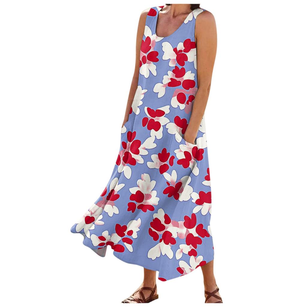 Damenmode Sommer Lässig Ärmellos Floral Bedruckt Kleine Tasche Kleider