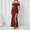 Mesh Suspender Dress, Fashionable Backless High Slit One-word Collar Slim Pleated Hip-wrapped Dress