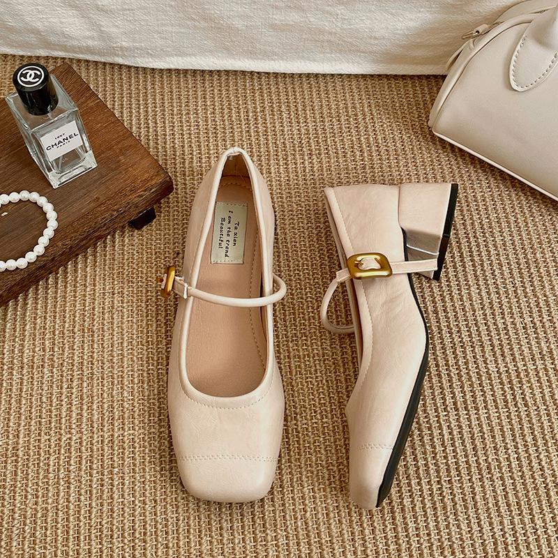 Black French square head light mouth thick heel single shoes women's 2025 new spring retro versatile height increase Mary Jane shoes