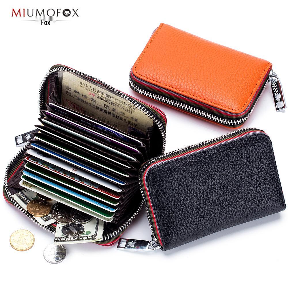 Fashionable RFID Accordion Cowhide Card Holder with Zipper for Ladies and Men