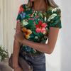 Women's Casual Fashion Round Neck Hawaiian Print Short Sleeve Ribbed Top