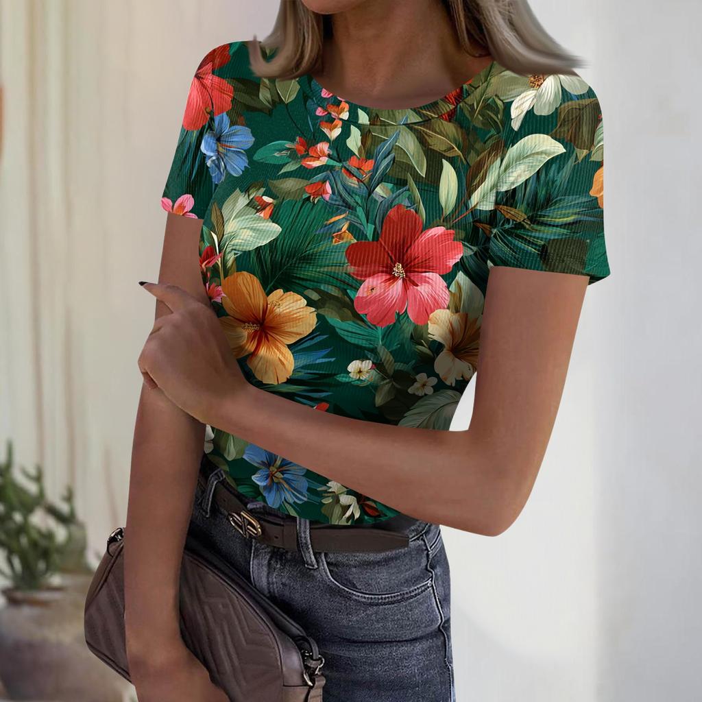 Women's Casual Fashion Round Neck Hawaiian Print Short Sleeve Ribbed Top