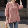 ZANZEA Women Hollow Lace Splice V-Neck Loose Casual 3/4 Sleeve Blouse