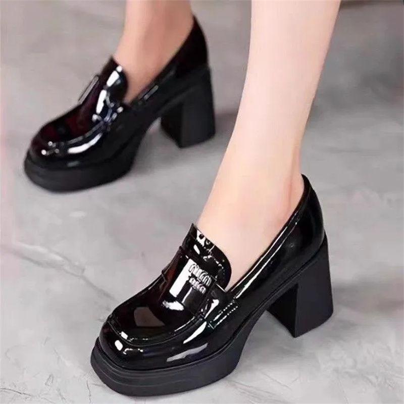 British style small leather shoes women's 2024 medium heel platform waterproof table patent leather retro versatile single shoes high heels tide ins