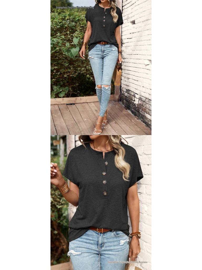 Women's European & American Style Solid Color Button Fashion Short Sleeve T-shirt for Spring/Summer