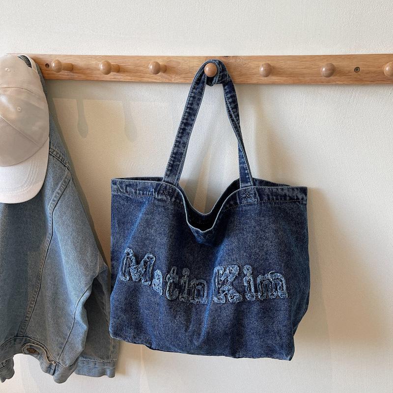 

Korean niche design large capacity spring personality trend retro simple casual tote bag shoulder bag темно-синього кольору